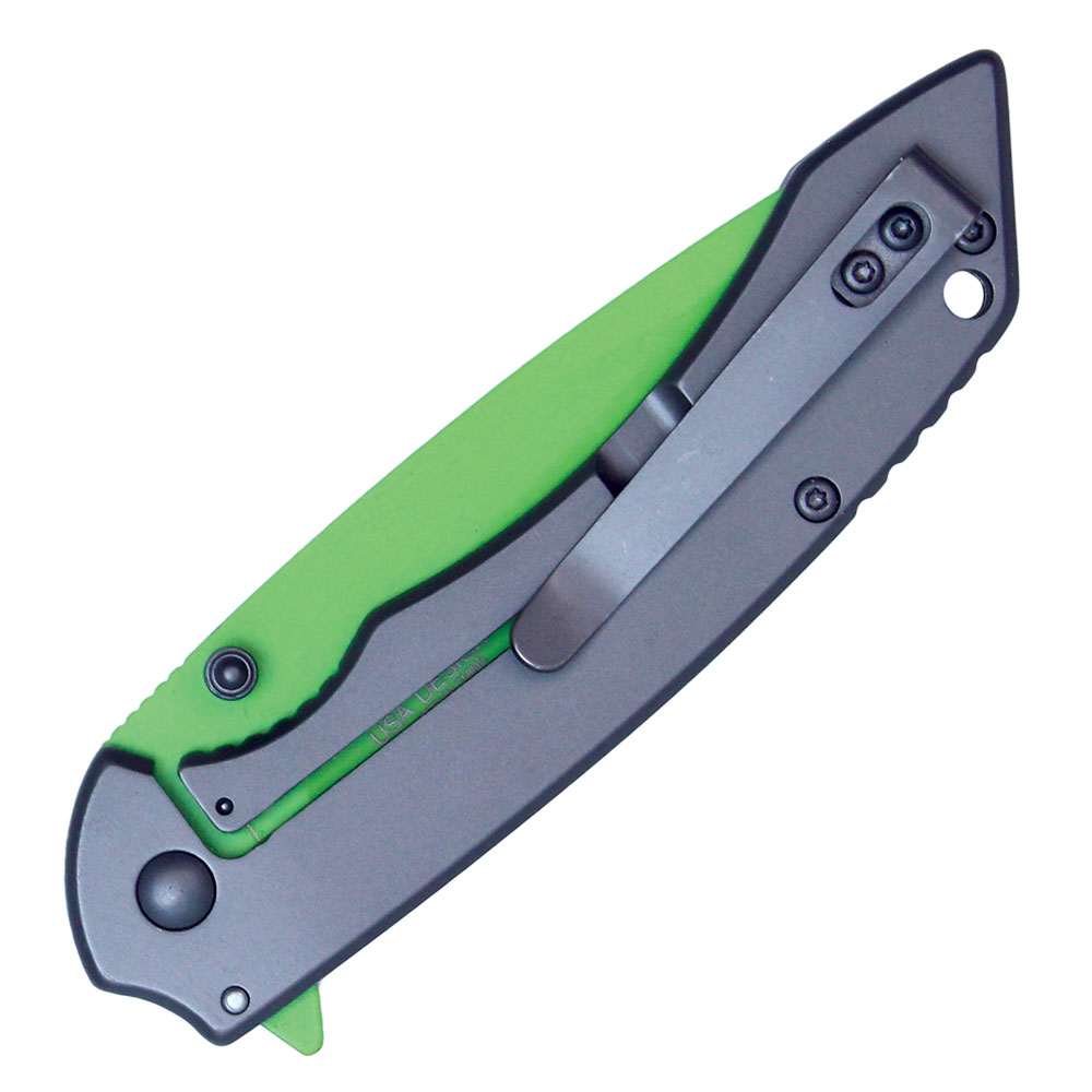 Assisted Open Folding Pocket Knife with Grey handle and Green Blade view 4